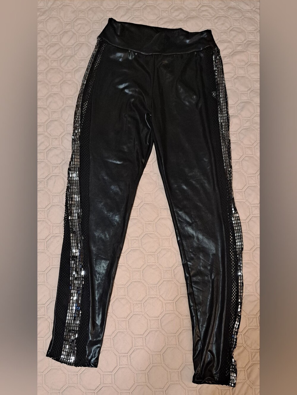 Fashiin Nova Shimmer Side-Stripe Faux Leather Leggings - Black Sz L